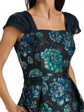 Teri Jon Rickie Freeman Blue Sparkle Jacquard Cap Sleeve Midi Dress Size 12